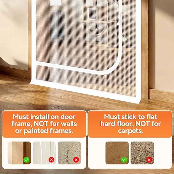 BFNN Cat Screen Door, Extra Tall Cat-Proof Mesh Gate, Fit Door Size 38'' x 82'', Anti Scratch Mesh with Zipper Closure, for Living Room, Kitchen, Bedroom (White)