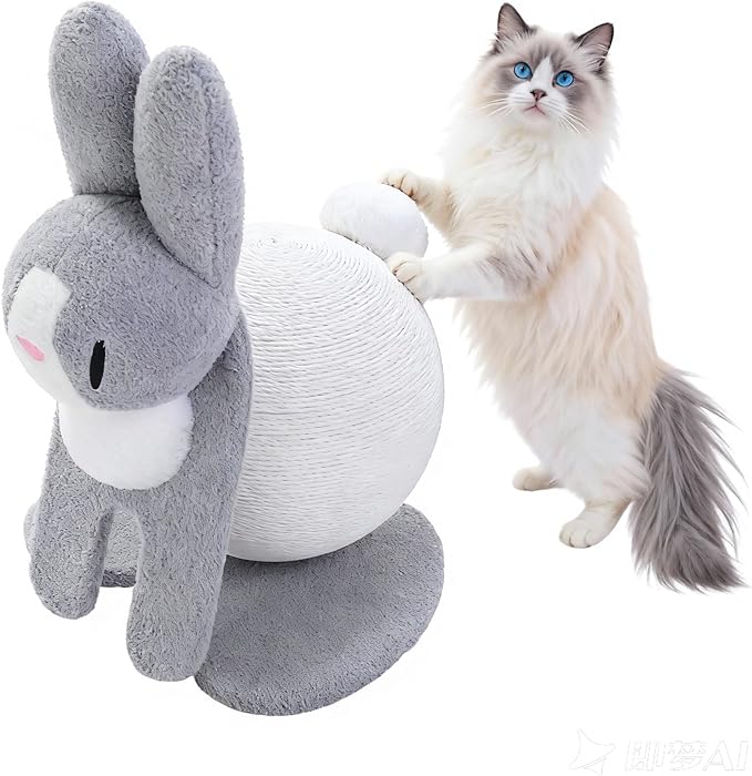 MUTTROS Cute Cat Scratcher- Bunny Style, Cat Scratching Post with Paper Rope, Extra Large Cat Scratch Ball (Ø11.8) for Indoor Kitten, Rabbit Scratch Ball for Kitty to Climb & Play, Gray
