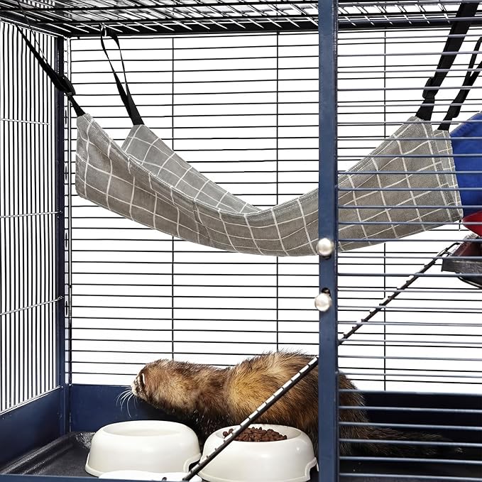 Jetec 2 Pack Cat Hammock for Cage, Catio Accessories Reversible Soft Cats Bed with Adjustable Straps and Hooks Double-Sided Linen and Fleece Hanging Hammock for Cats, Kitten(Cat and Plaid,S)