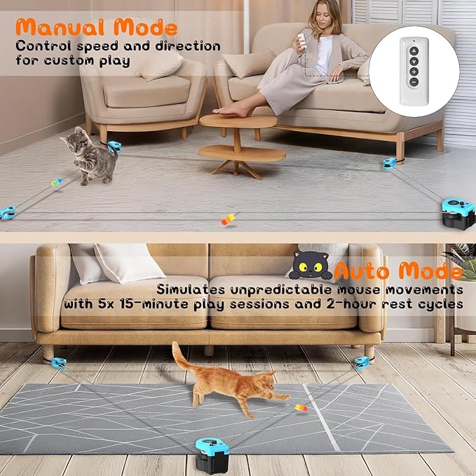 Upgraded Interactive Cat Toy for Indoor, Automatic & Remote Control Cat Chase Toy with Feather Mouse Lure, Adjustable Speed Track, Rechargeable Self-Play Exercise Toy for Bored Cats & Kittens (Blue)