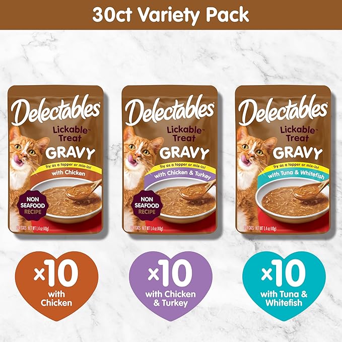 Delectables Lickable Treat Gravy Variety Wet Cat Treat & Food Topper, Food Topper, Hydrating, Grain-Free, No Fillers, No by-Products, No Added Preservatives, 1.4oz Pouch, 30 Pack