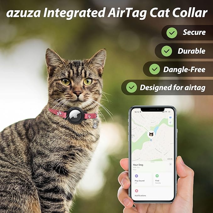 azuza AirTag Cat Collar Breakaway, Integrated Cat Collar with Air Tag Holder Safety Lightweight GPS Tracker Holder for Cats, Pink Butterfly, Cats (8-12inch)