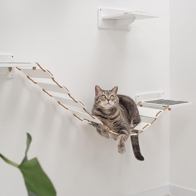 Wood Cat Bridge Cat Steps Cat Bed Wall Cat Toy Rustic Cat Tree Wall Decor Cat Lover Gift New Home Gift Cat Furniture Wall (White, Bridge & 3 steps)