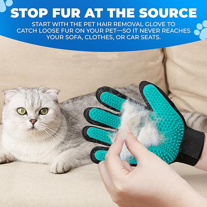 Pet Hair Removal Glove for Dogs & Cats – Dog Grooming Gloves for Shedding, Pet Hair Remover Glove – Pet Grooming Gloves, Cat Grooming Gloves & Cat Brush Glove (Glove + Finger Toothbrush Kit)