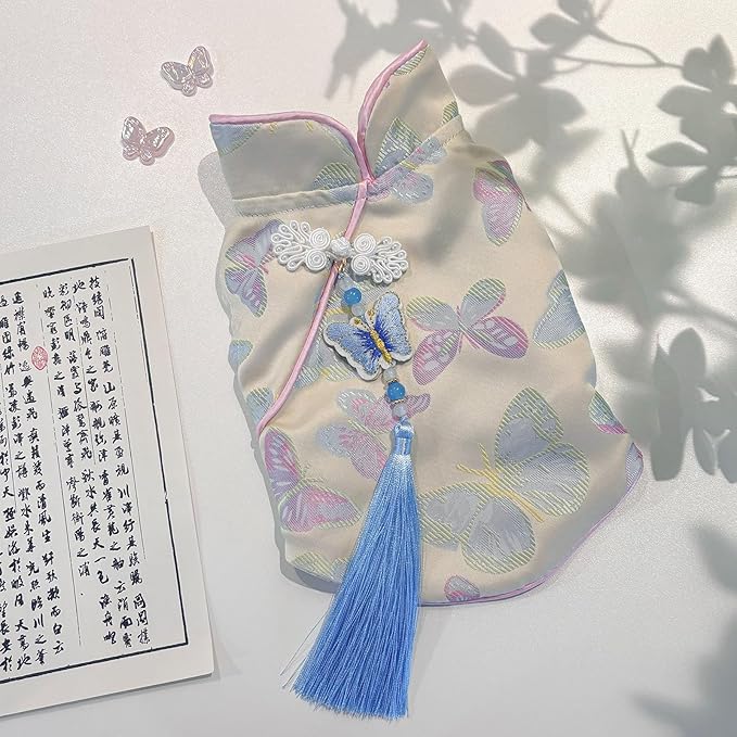 Chinese Cheongsam Dog Dress, Butterfly Printed Pet Qipao with Tassel & Knot, Traditional Chinese Style Outfit for Small Dogs & Cats, Festive Costume for Puppy Kitten (X-Large)