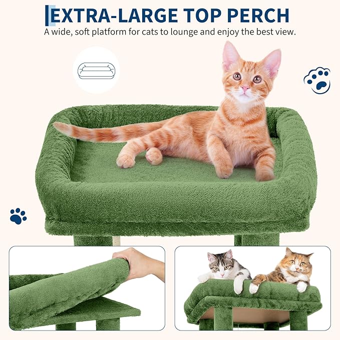 61.4 Inch Cat Tree, Large Cat Tower with Sisal Scratching Posts, 2 Spacious Cat Beds, Hanging Ball & Top Perch, Ideal for Large Indoor Adult Cats, Green