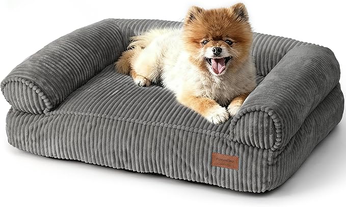 FUKUMARU Dog Couch Bed, Corduroy Cozy Cat Bed for Indoor Cats with Washable Cover, 28in Waterproof Orthopedic Dog Beds Sofa for Small Dogs and Large Cats, Cute Warm Cotton Pet Sofa, Grey