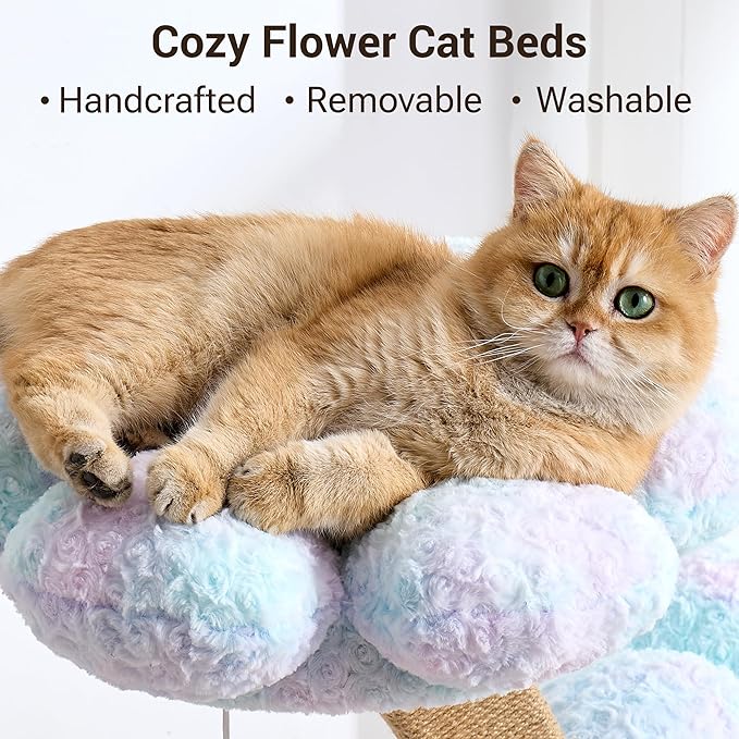 Aesthetic Flower Cat Tree Tower with Scratching Post for Indoor Cats, 37" Modern Cat Tree with Wood Sculpted Branch, Flower Cat Beds, Scratching Board & Interactive Squeaky Toy, Dreamy Blue