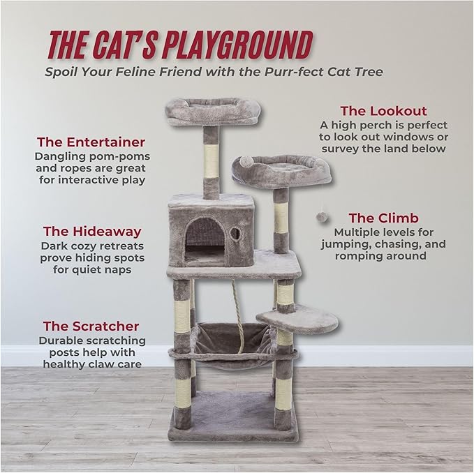 Trixie 56.3" Eduardo Cat Tree, 4-Level Indoor Cat Furniture with Jute Scratching Posts, Plush Condo, Hammock & Platforms, Play Rope and Dangling Ball