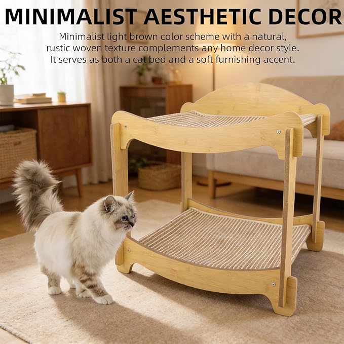 2 Layer Cat Hammock Bed, 19x15.75x20.1 Inch Wooden Bunk Bed for Indoor Cats, Elevated Pet Bed with Breathable Washable Cover, Holds 35 lbs Per Tier, Sturdy Natural