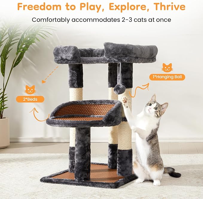 Multi-Level Cat Tower with Scratching Posts, Cat Tree with Double Cat Bed & Hanging Toys, Cute Climbing Tower with Sisal Scratcher for Kittens & Adult Cats, Grey