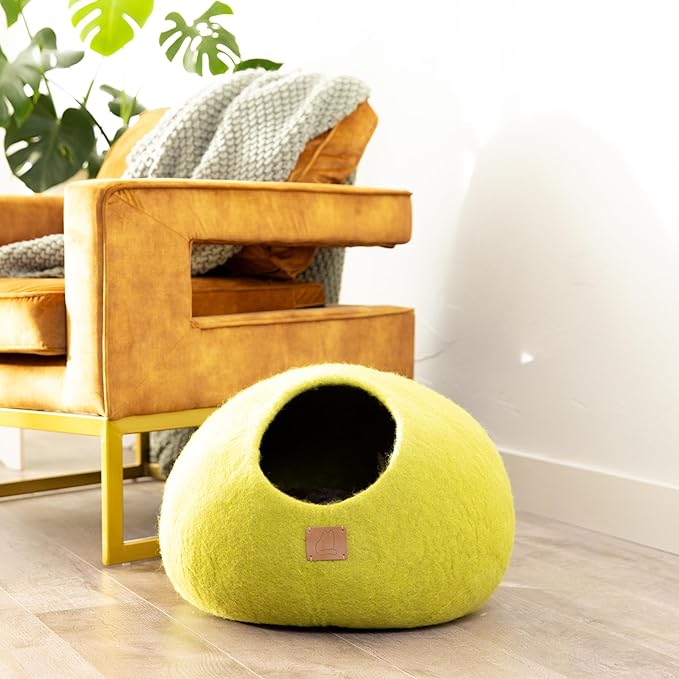 Best Aesthetic Cat Bed - Premium Felted Wool Cat Cave Bed - Cozy Peekaboo Round Cave for Large or Small Cats (Small, Citrus Green)