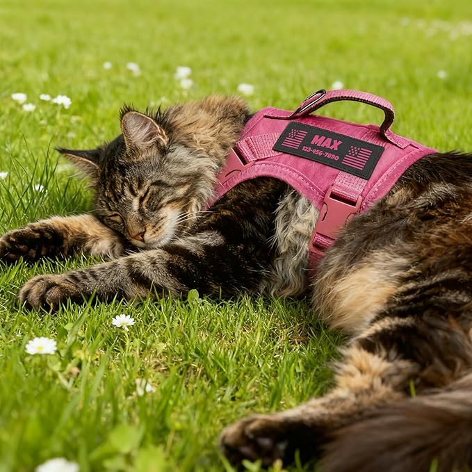 Custom Pink Tactical Cat Harness and Leash Escape Proof Adjustable Vest with Reflective Strips and Personalized Patch Soft Breathable Outdoor Gear for Walking Training Fits Cats 7-12 lbs