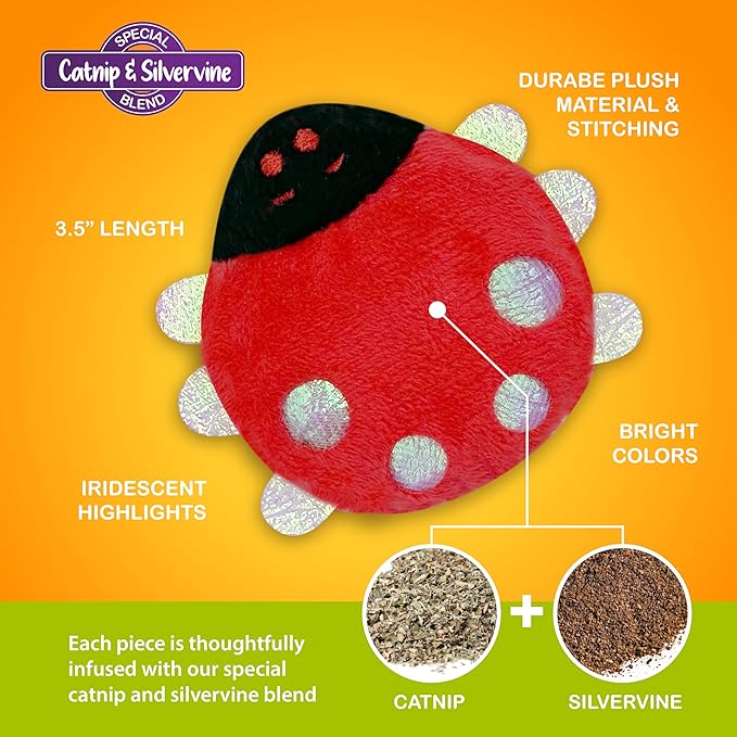Pounce & Purr® Plush Cat Toys, Catnip & Silvervine Infused, Shiny Iridescent Accents, Interactive Play Toys for Cats & Kittens (Ladybug)