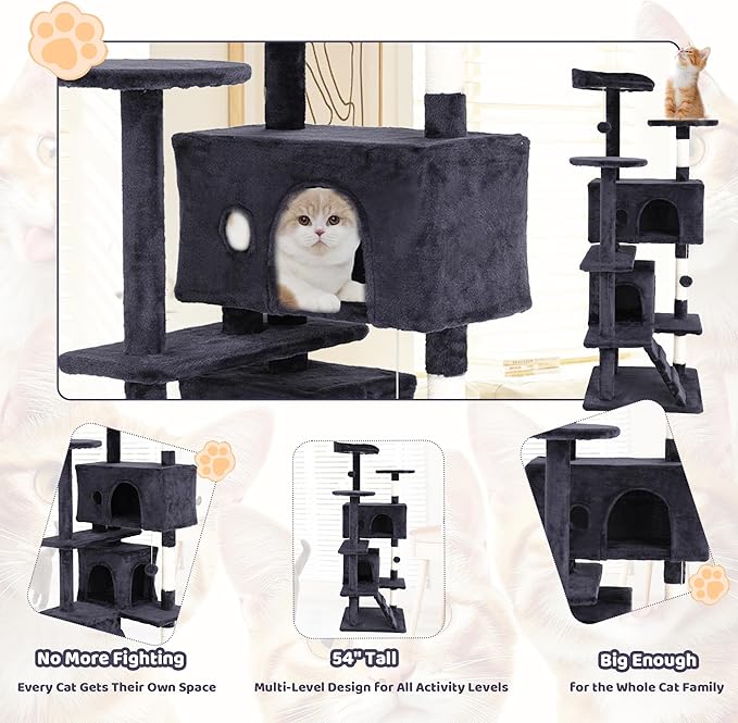 54 inch Cat Climbing Tower - Cat Tree with Jumping Platforms, Cat Condo & Play House for Indoor Cats - Modern Cat Furniture with Scratching Surfaces - Dark Gray