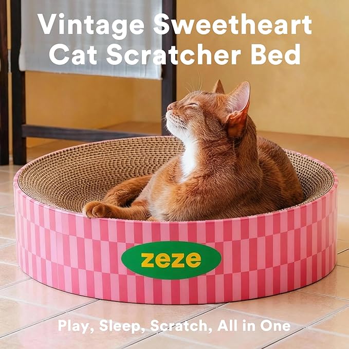 ZEZE Round Cat Scratcher Bed — Durable Corrugated Cardboard Cat Lounge, Scratch & Sleep Bowl Shape Cat Bed, Cozy Curved Design, Minimal Mess, Sturdy Edge Support (Retro Sweetheart)