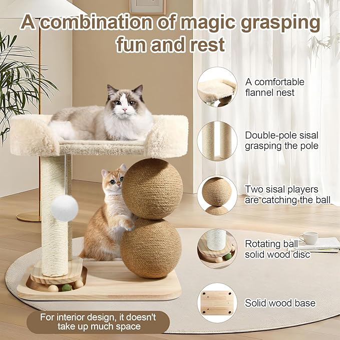 Small Cat Tree for Indoor Cats, Cat Tree Tower with Sisal Cat Scratcher, 5 in 1 Cat Tower with Playful Toy Ball, Cat Scratching Post with Bed for Kitten and Cats