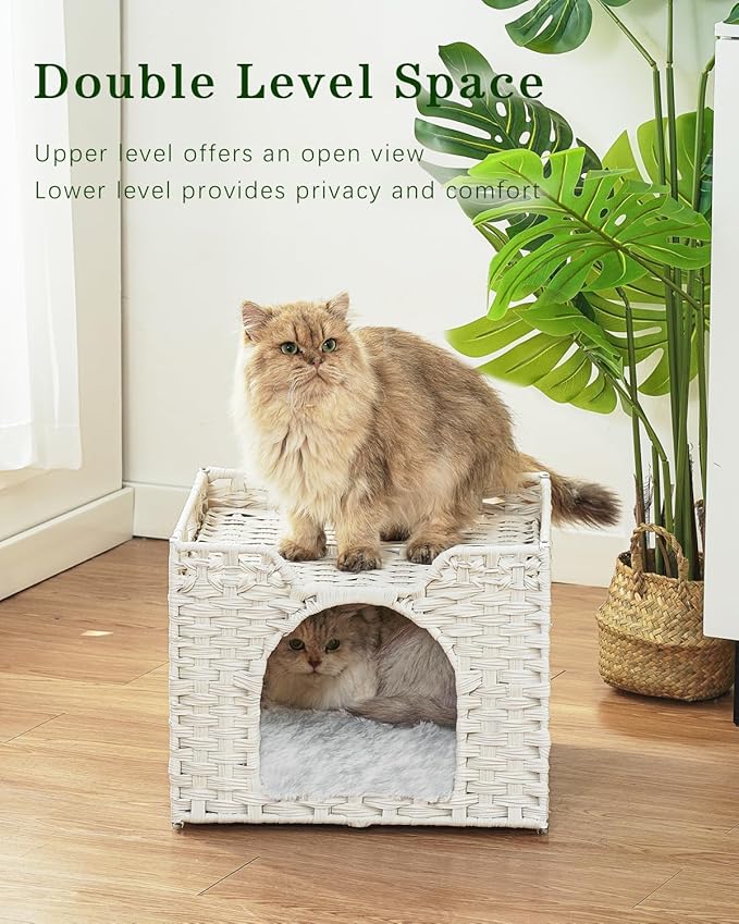 SETVSON Cat Beds Indoor Kitten House, Handwoven Rattan Cat Cave Pet Cube, Large Cat Houses, One Bed Mat, Foldable, Hideaway, 16.5x16.5x13.2 Inches, 2 S-Shaped Hooks in Living Room Bedroom White