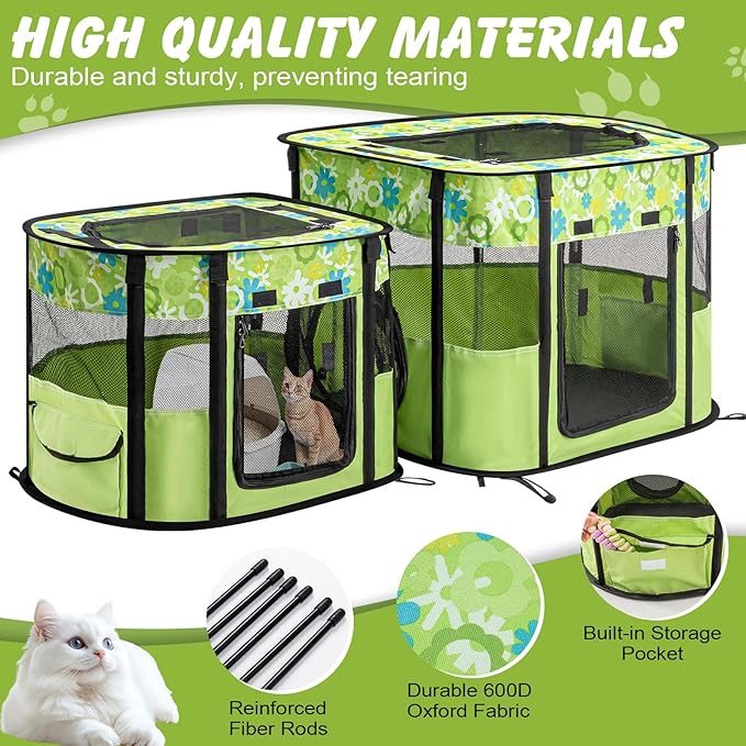 Portable Cat Playpen with Separate Areas, Foldable Indoor Outdoor Cat Enclosure, Portable Pet Tent for Kittens and Small Animals, Collapsible Tent Kennel Cage House with Tent Pegs and Carry Bag