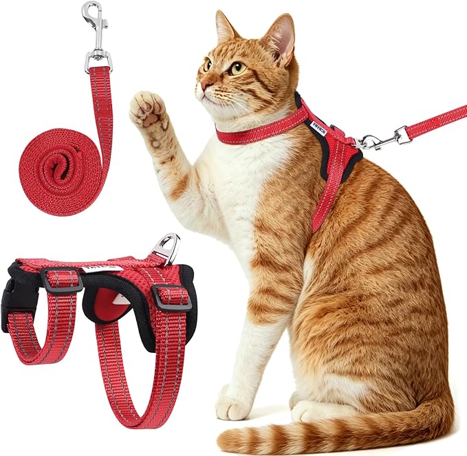 Cat Harness and Leash Set for Walking,Adjustable Escape Proof Kitten Harness and Leash with Reflective Strips,Easy to Wear Soft Breathable Harness for Cats Puppy Bunny Dogs Red
