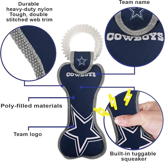 Pets First NFL Dallas Cowboys Dental Dog TUG Toy with Squeaker. Tough PET Toy for Healthy Fun, Teething & Cleaning Pet's Teeth & Gum., one Size, DAL-3310