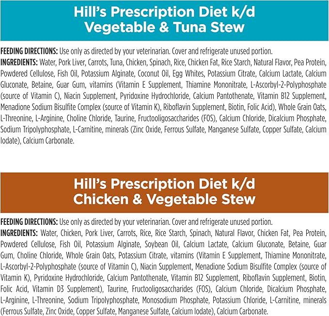 Hill's Prescription Diet k/d Variety Pack Wet Cat Food, Chicken & Vegetable Stew, Vegetable & Tuna Stew, 2.9 oz. Cans, 24-Pack