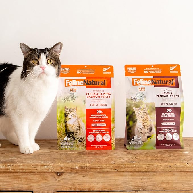 Feline Natural Freeze Dried Cat Food - Grain-Free and High Protein Cat Food from New Zealand, Complete Meal or Topper for Kittens, Adults, and Senior Cats, Chicken and King Salmon, 11oz
