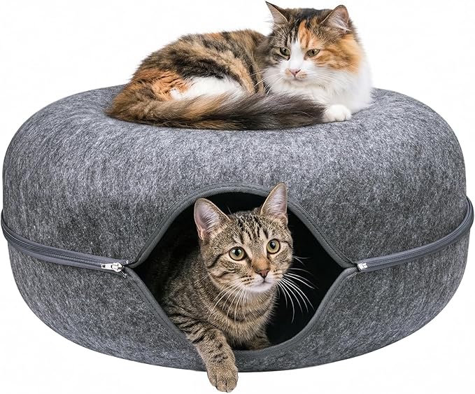 Cat Cave Bed Tunnel Donut – Peekaboo Felt Hideaway for Indoor Large Cats up to 45 lb – Detachable Washable Scratch-Resistant – Multi-Cat & Kittens, Dark Grey