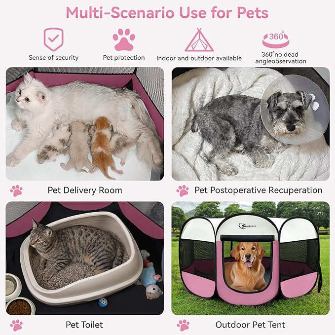 Siedihit Pink Puppy Playpen for Large Dog Cat, Dog Tent Crates Cage Indoor/Outdoor, Portable Pop Up Dog Kennel with Carrying Bag for Rabbits, (Pink, Large)