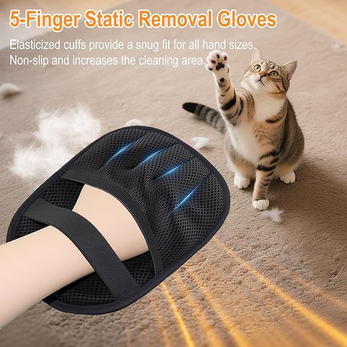 Pet Hair Removal Glove,Five Finger Reusable Cat Dog Hair Remover Electrostatic Gloves,Double Sided Grooming Mitt for Couch, Bed, Furniture, Carpet, Curtain, Clothes 2Pcs