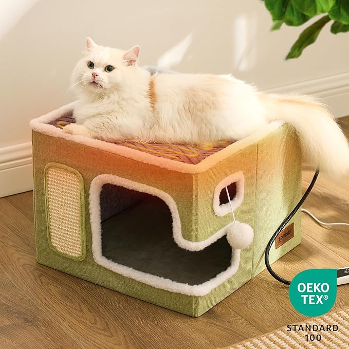ZOMISIA Heated Cat House for Indoor Cats - Cat Warming Bed for Winter with Fluffy Ball Hanging and Adjustable Heating Pad, Foldable Cat Hideaway,16.5x16.5x13 inches, Grey