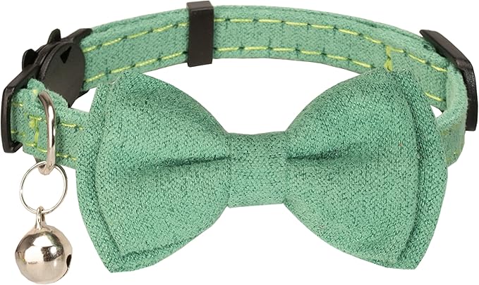 Cat Collar with Bow Tie Bell Breakaway Kitten Small Pet Safety Solid Wedding Basic Pure Color Suede Soft Adjustable [1pc] Green