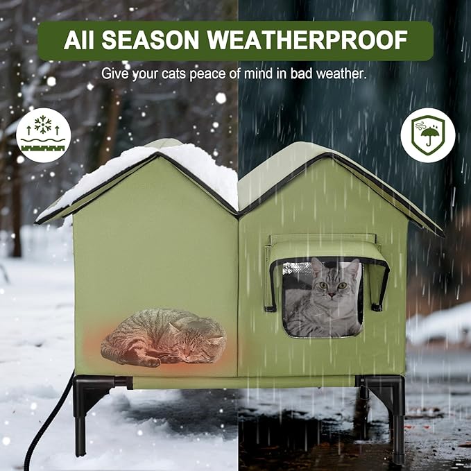 Heated Cat House for Outside Winter, Large Heated Outdoor Cat House Weatherproof, Elevated Bed, Escape Door, Insulated Outdoor Cat Shelter with Heater for Multiple Cats Feral Stray Kitty, Easy Setup