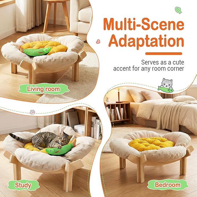 Elevated Flower Cat Bed with Thickened Soft Cushions, Aesthetic Raised Cat Chair for Indoor Cats, Wooden Cats Furniture with Toy, 39lbs Capacity (Beige Petal & Yellow Center)