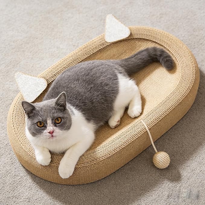 Sisal Scratching Bed, Oval Scratching Tray, Wear-Resistant Furniture Protector, Scratching Board for Indoor Use, with Ears