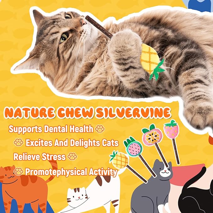 Ptwola 4 Pcs Natural Fruit Silvervine Sticks Cat Kittens Chew Toys Indoor Lollipops Interactive Cat DentalTeething Nip Treat Toys Care Teeth Cleaning for Bored Essentials Increase Appetite Kicker