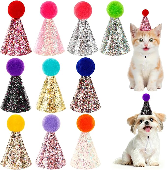 10Pcs Small Dog Party Hats with Sequins, Cats Adjustable Holiday Hats, Puppy Paper Hats for Birthday, Mini Party Hats for Stuffed Animals, Glitter Birthday Party Hats with Pom Poms for Pets