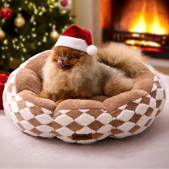 ZOMISIA Large Cat Beds for Indoor Cat, Donut Dog Beds for Small Dog, Round Plush Puppy Bed for Kitten, Brown