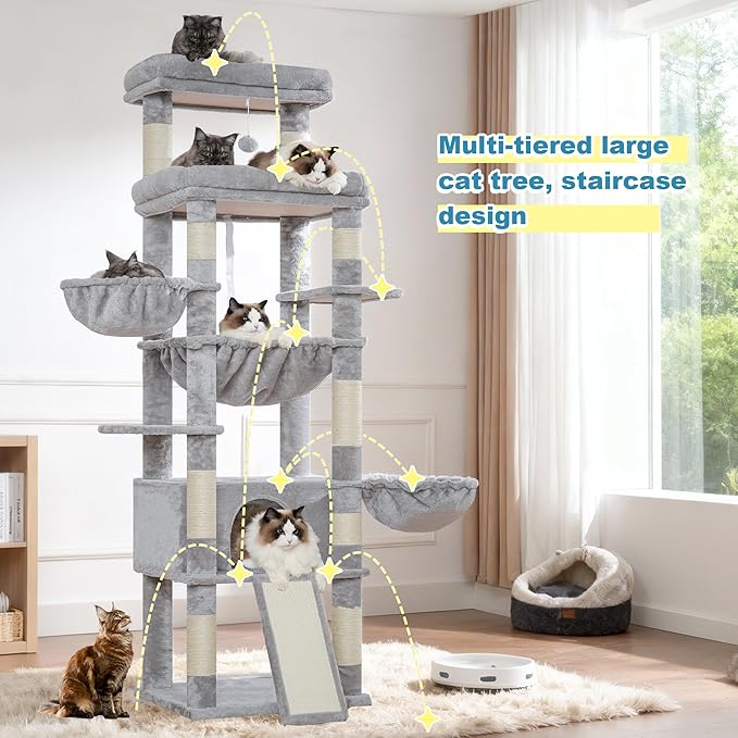 Hey-brother Cat Tree Tower, Scratching Posts with Extra Large Platform and Basket, Specious Condo, 2 Cozy Hammocks, Scratch Board for Indoor Adult Cats, Maine Coon 71.7 inches, Light Gray MPJ080W