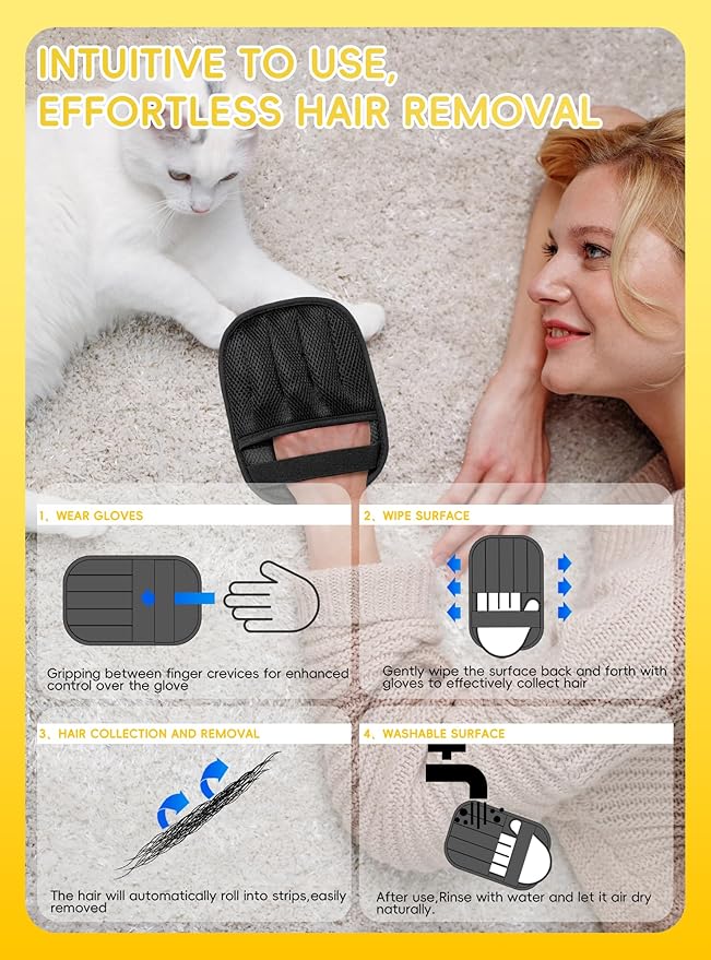 Pet Hair Removal Glove, Upgraded Efficient Reusable Electrostatic Hair Remover Tool, Washable Pets Grooming Gloves Magic Brush for Cats Dogs Sofa Coach Furniture Laundry