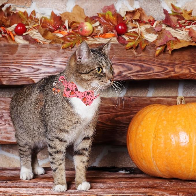 PTDECOR Thanksgiving Cat Collar Breakaway with Bow Tie Bell, Turkeys and Pumpkins Pattern Collar, Thanksgiving Bowtie Collars for Cats Kittens