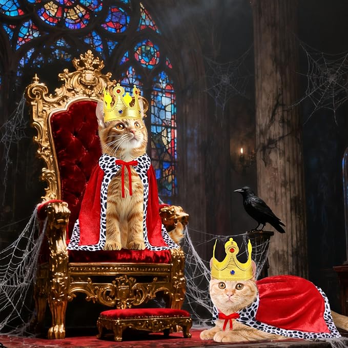 GOYOSWA Cat Halloween Costumes, Pet Cat King Costume King Red Cloak Golden Crown Set Halloween King Prince Costumes for Cats Kitty Small Dogs