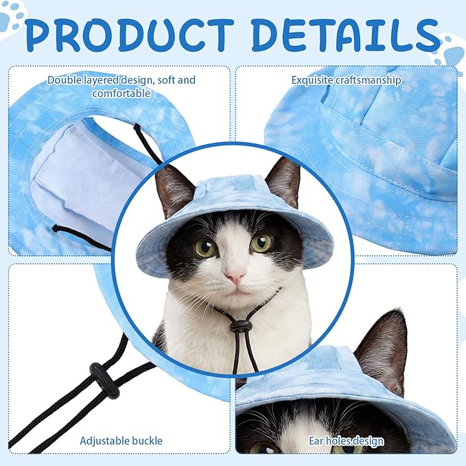 3 Pcs Pet Hats with Ear Hole Sunscreen Round Brim Bucket Hat Suitable for Small and Medium-Sized Cat Puppy Dog Active Summer Sun Protection Pet Sun Care Cooling Caps (Blue, Medium)