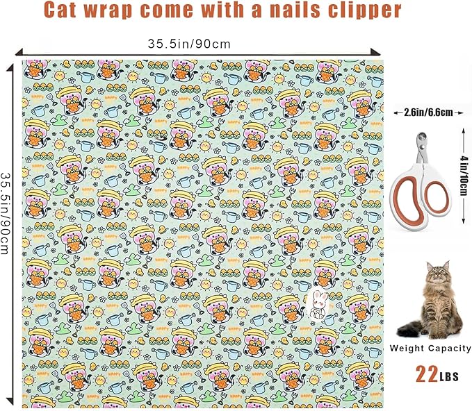 Cat Wrap for Cutting Nails, Self-Adhesive Cat Grooming Wrap Anti-Escape Anti-Scratch Calming Cat Swaddle Wrap for Nail Clipping, Medicine, Ear Cleaning, Multifuctional Pet Tool for Cat-Owner, Vet