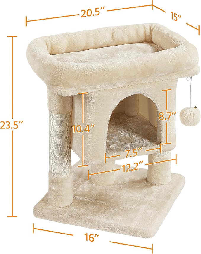 Topeakmart Cat Tree with Extra Large Plush Perch, Soft Cat Condo & Sisal-Covered Scratching Posts for Large Cats, Kittens Cats, 23.5 Inches, Beige