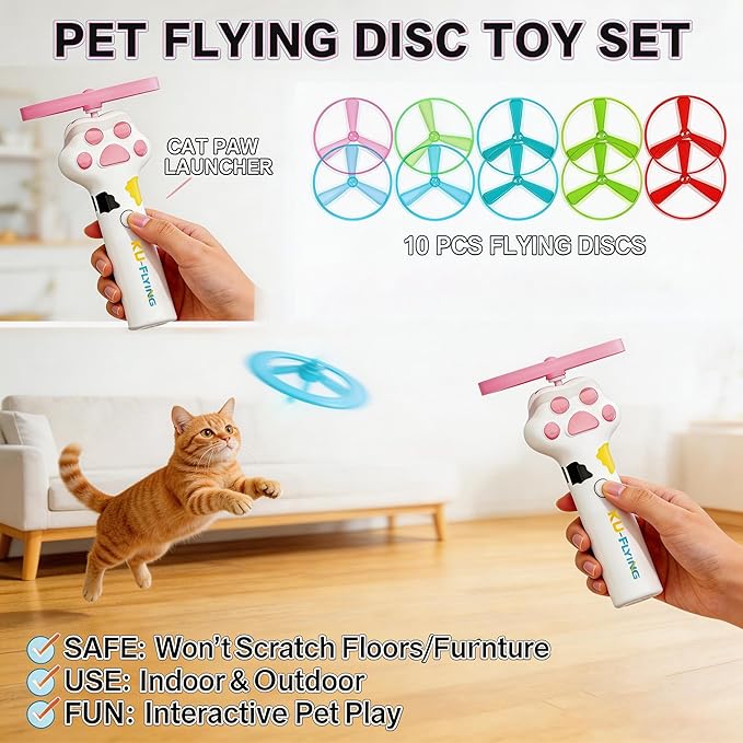 10PCs Cat Fetch Toy Discs,Interactive Flying Cat Toy with 10 Flying Saucer for Pet Kitten and Dog Playing,Interactive Hunting Tracking Chasing Training Toys for Indoor Outdoor (Only Flying Propellers)