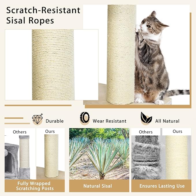 Tangkula Large Cat Tree, Multi-Level Tall Cat Tower with Sisal Scratching Posts, Hammocks, Hanging Basket, Cat Condo and Removable Washable Cushions, Modern Wood Cat Tree for Indoor Cats Large Adult