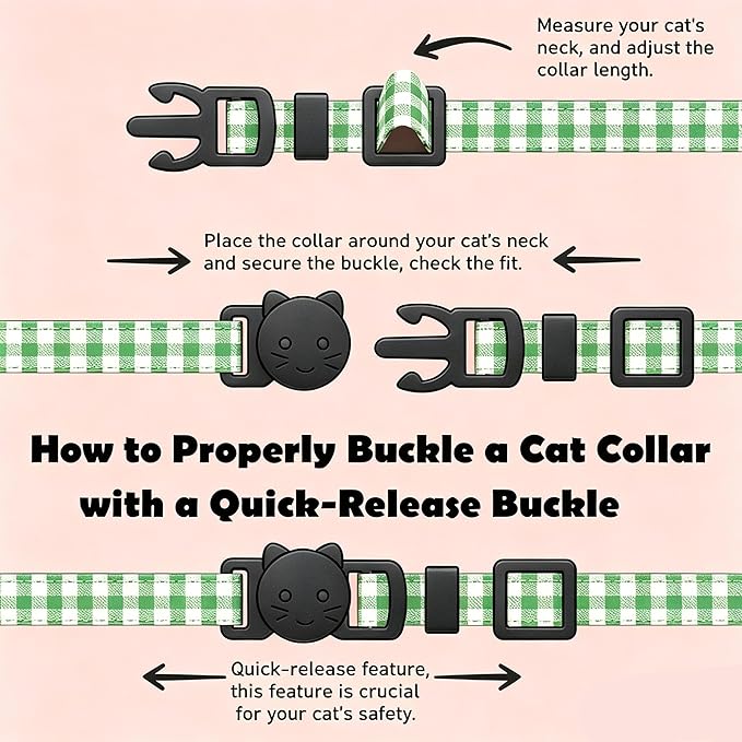 2 Pack Cotton Breakaway Cat Collars with Bell and Charms Green Solid Plaid Safety Collars for Girl Boy Cats, Cat Head and Paw Pendant Cute Kitten Collars