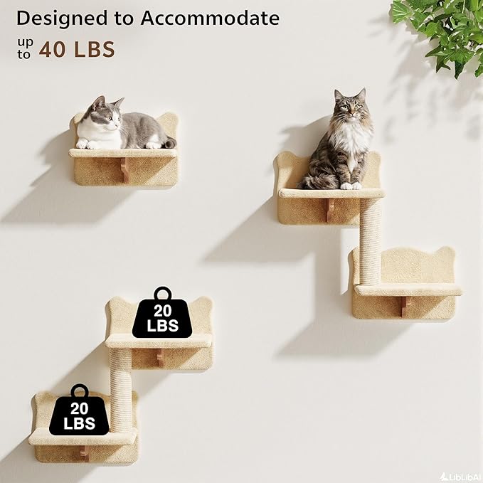 Cat Wall Shelves, Wall Mounted Cat Shelf Furniture with Plush Fabric(16 Piece Set), Cats Furniture with 40''L Tunnel, Condos, House, Steps, Bridge Ladder and Scratching Post, Beige