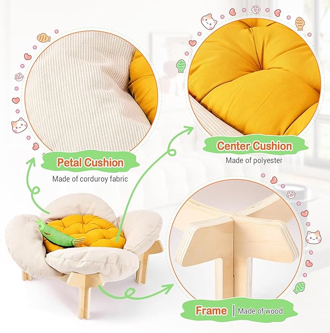 Elevated Flower Cat Bed with Thickened Soft Cushions, Aesthetic Raised Cat Chair for Indoor Cats, Wooden Cats Furniture with Toy, 39lbs Capacity (Beige Petal & Yellow Center)